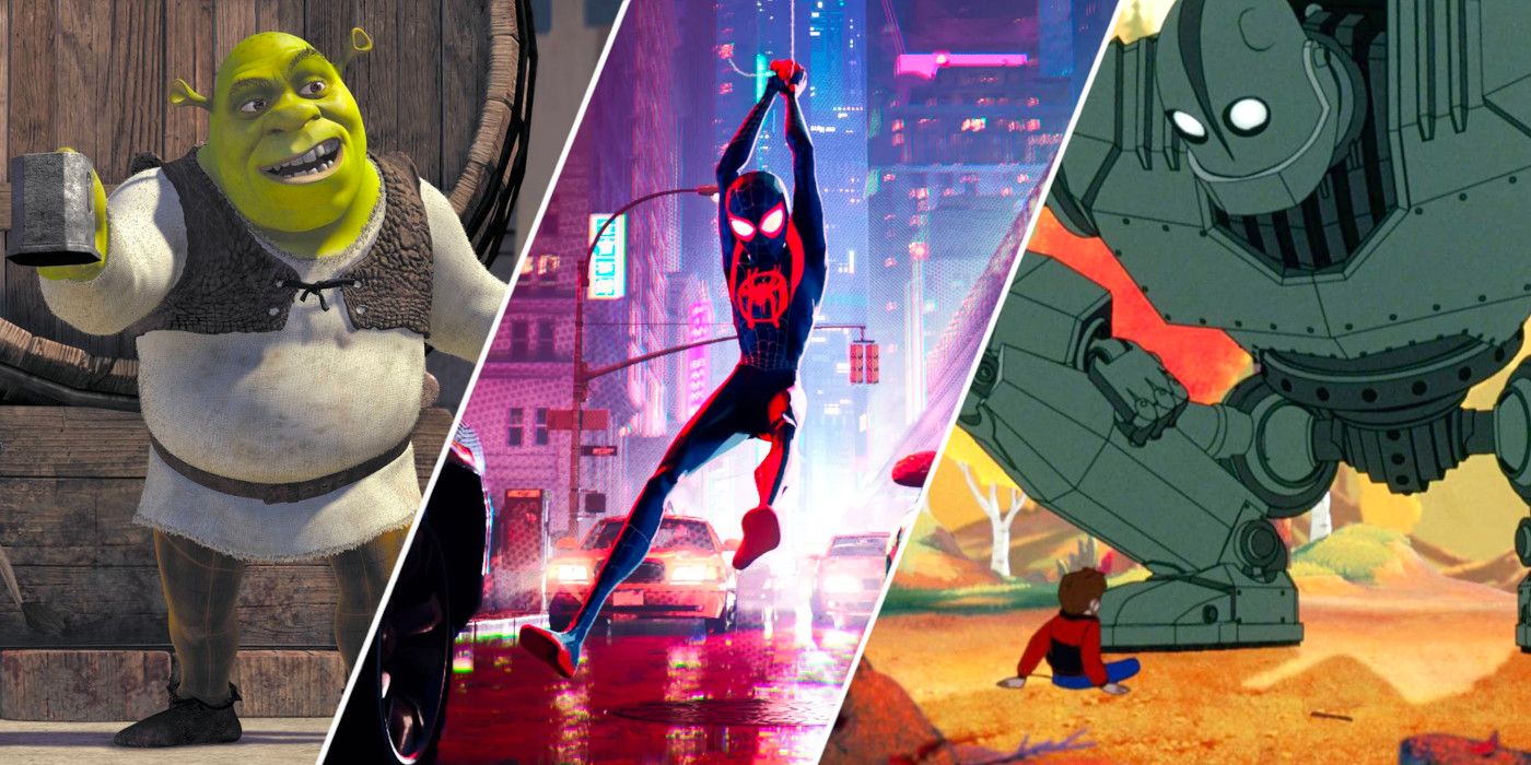 Shrek, Miles Morales from Spider-Man Into the Spider-Verse, and Hogarth and the robot in The Iron Giant