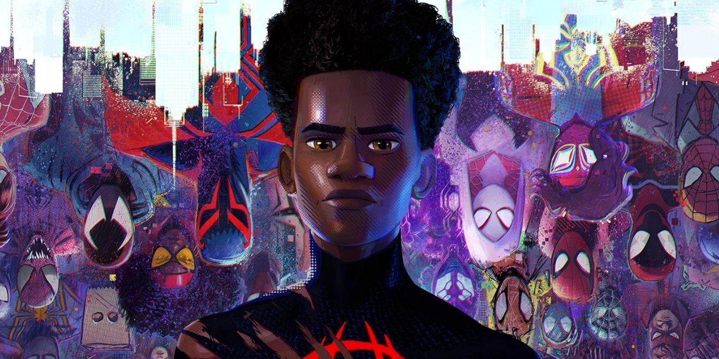 Shameik Moore as Miles Morales in front of a legion of Spider-People in a poster for Spider-Man: Across the Spider-Verse