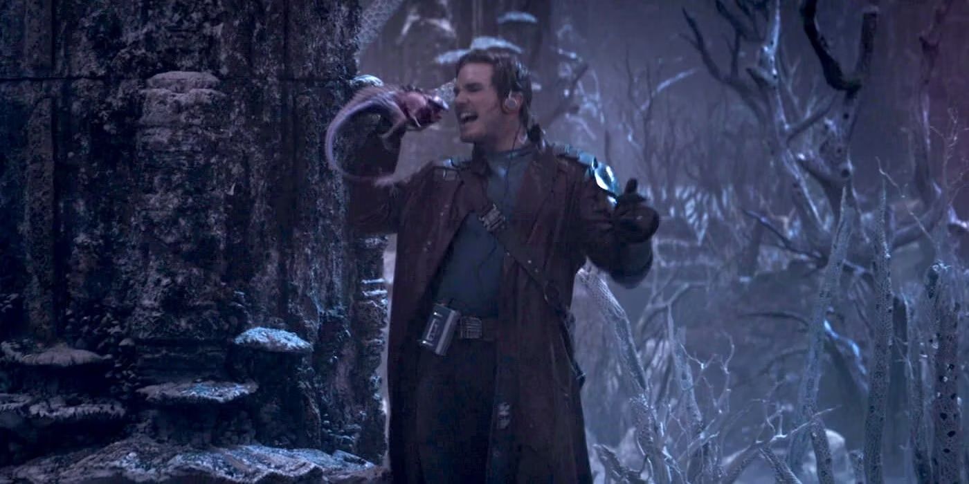 Peter Quill, played by actor Chris Pratt, dancing to music in Marvel's Guardians of the Galaxy movie