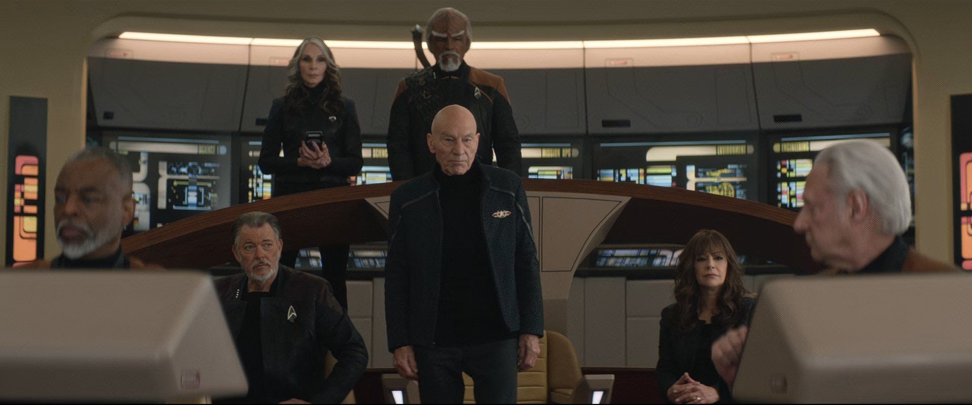 The Cast of Star Trek Picard on the bridge of the Enterprise D in Season 3 Episode 9