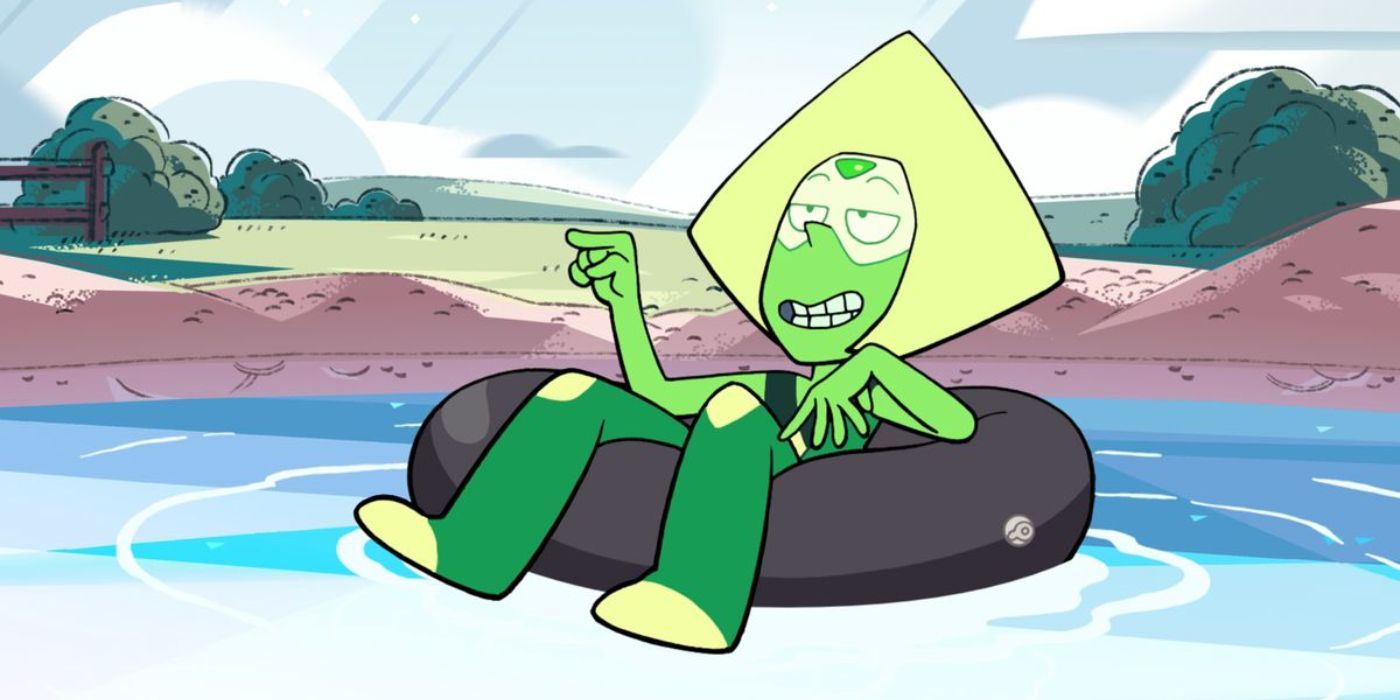 Peridot sits in a floatie on a pond