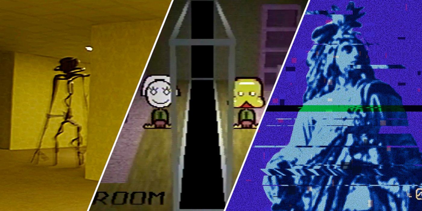 Stills from The Backrooms, Petscop, and The Monument Mythos