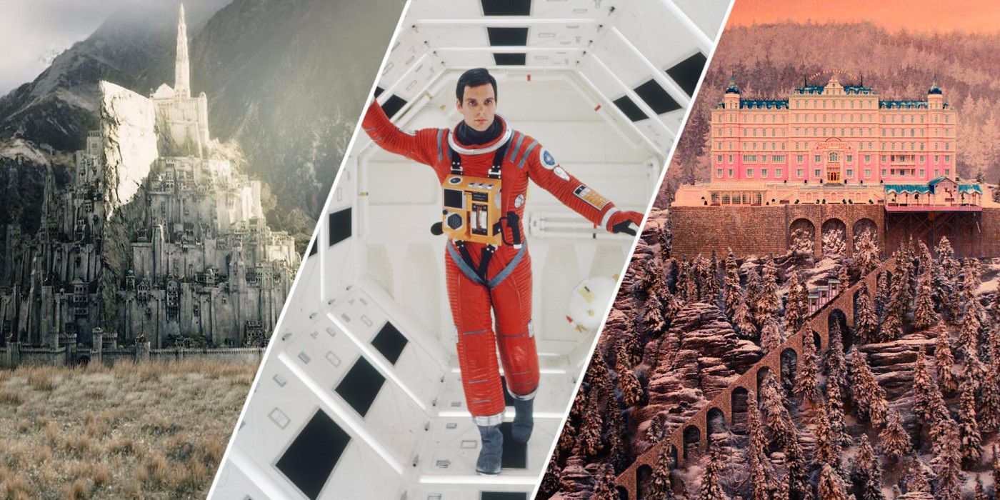 Stills from The Lord of the Rings Return of the King, 2001 A Space Odyssey, and The Grand Budapest Hotel set design