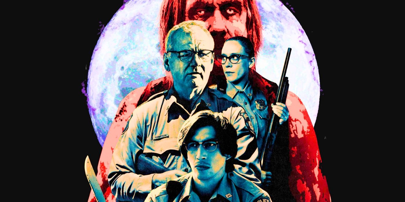 Bill Murray, Adam Driver, and Chloë Sevigny from The Dead Don't Die in front of a moon