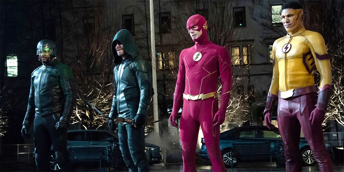 David Ramsey, Stephen Amell, Grant Gustin, and Keiynan Lonsdale in The Flash