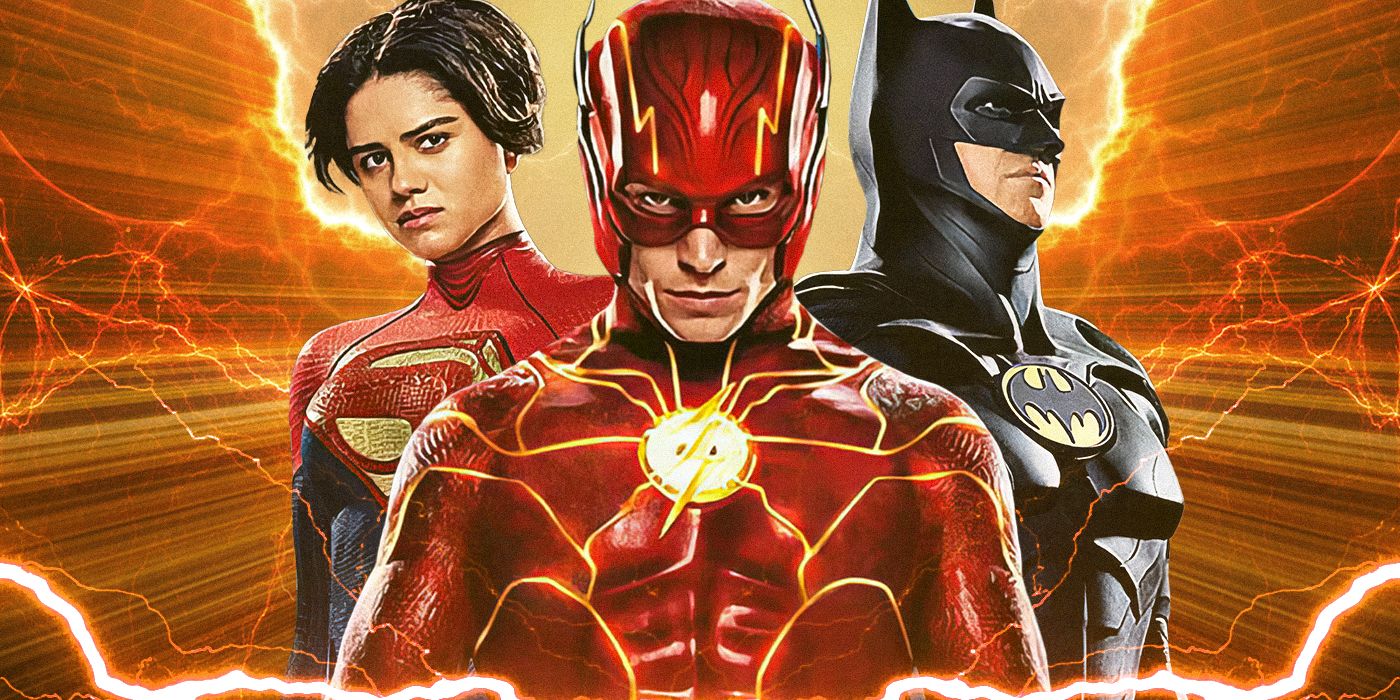 Ezra Miller as The Flash, Michael Keaton as Batman, and Sasha Calle as Supergirl in 'The Flash'