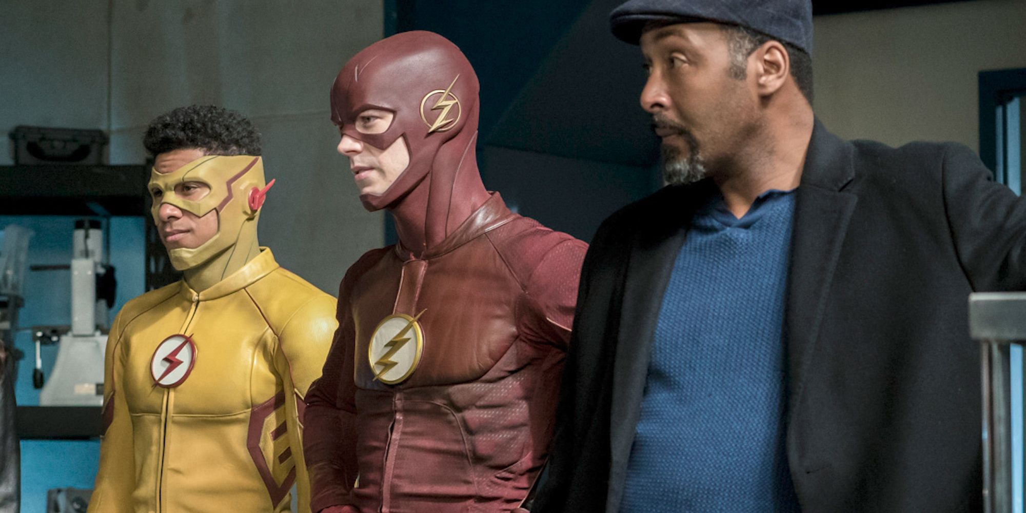 Grant Gustin, Jesse L. Martin, and Keiynan Lonsdale in The Flash