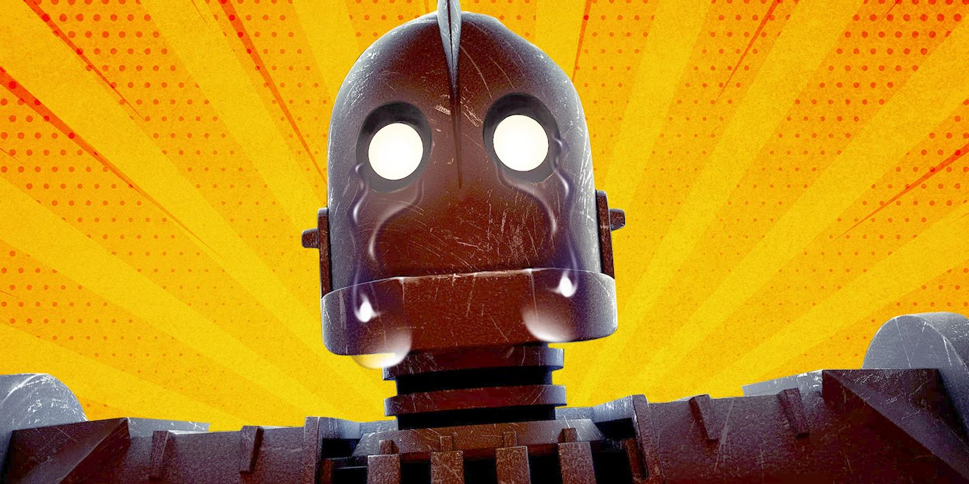 A close-up of the Iron Giant against a yellow striped background