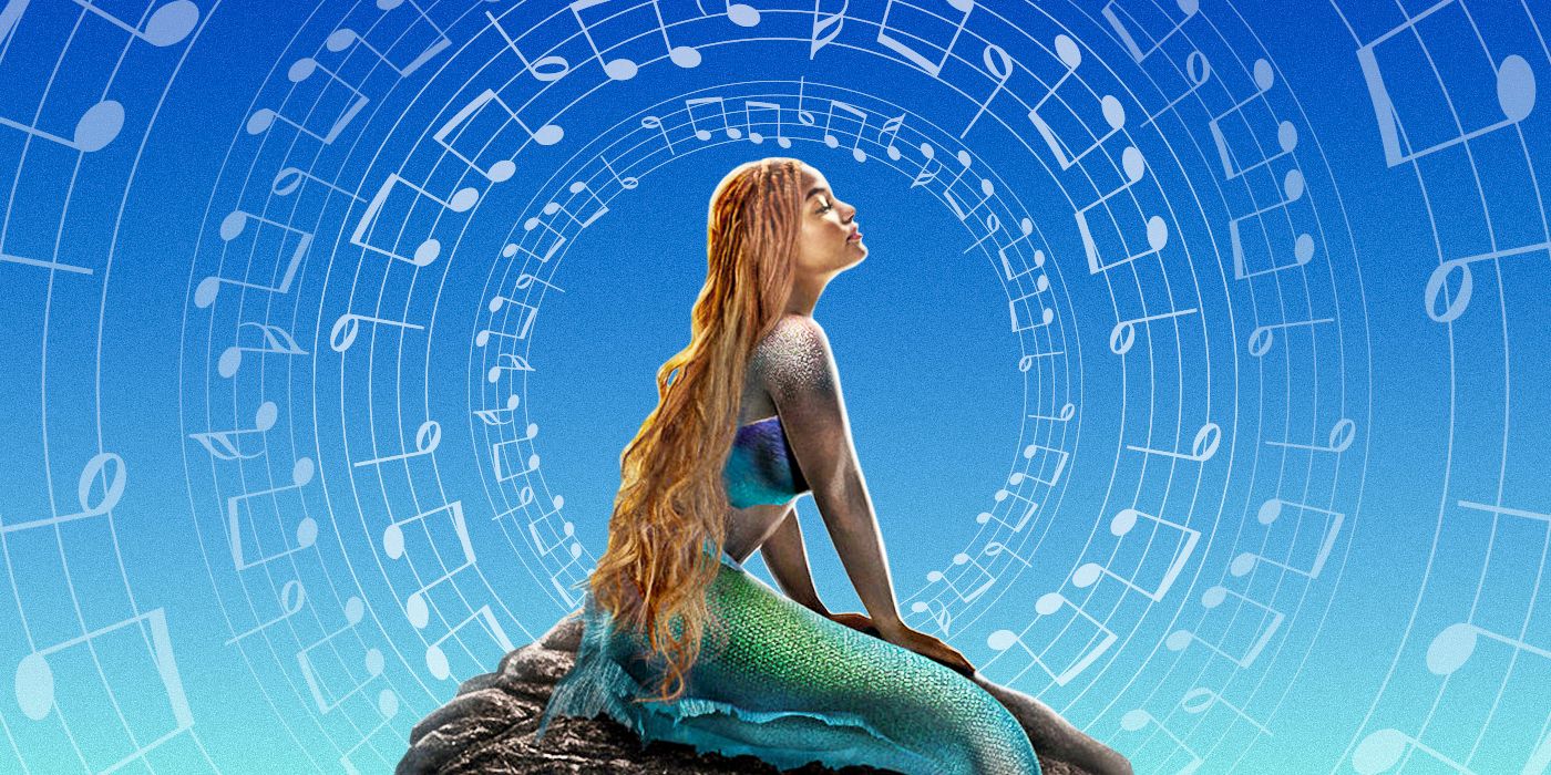 Halle Bailey in The Little Mermaid on a blue background with circles of music notes