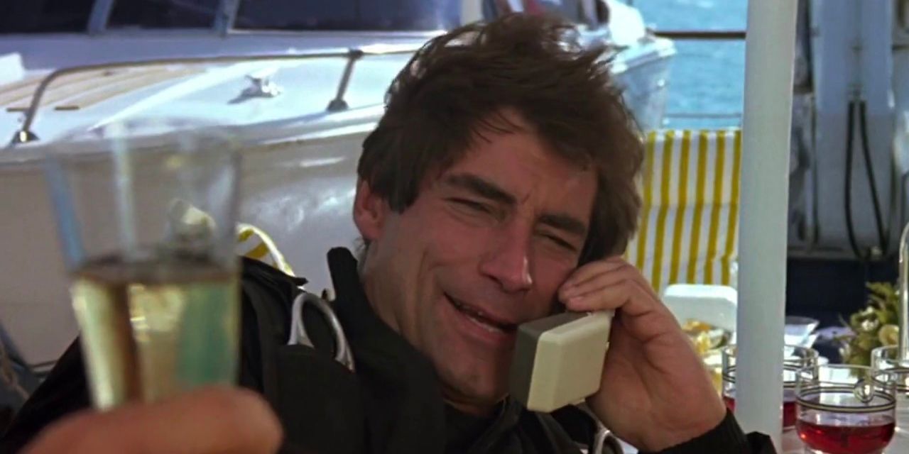 James Bond (Timothy Dalton) calls mission control from a luxury yacht in 'The Living Daylights'