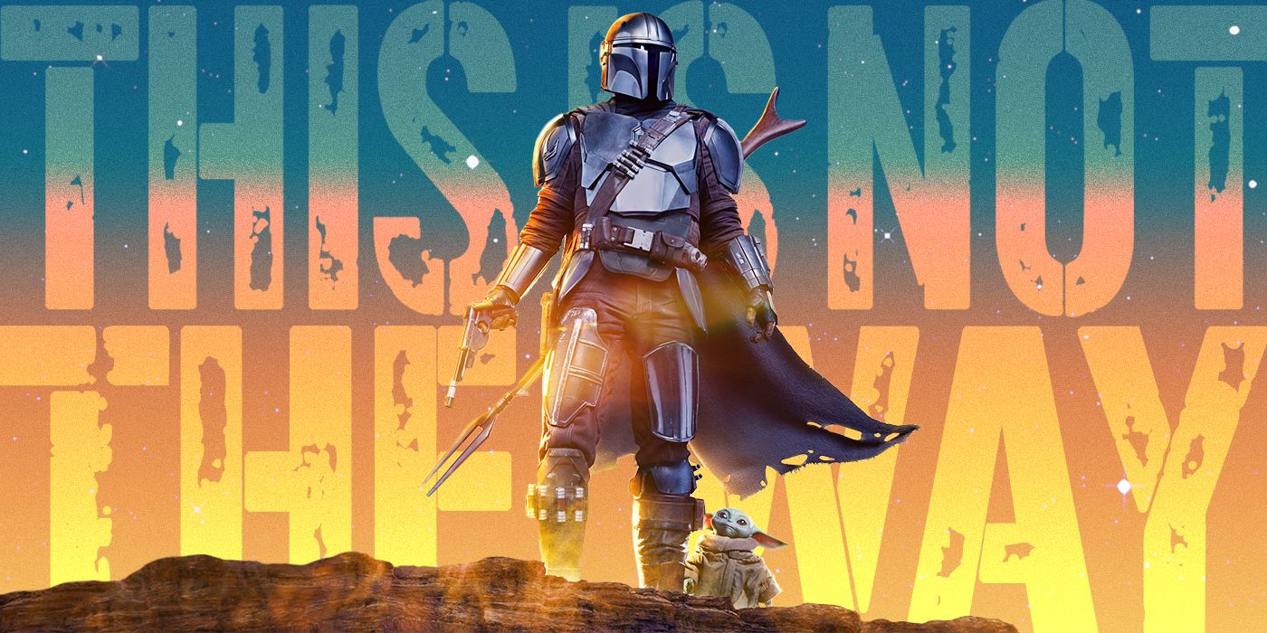 Pedro Pascal as the Mandalorian with Grogu at his feet. The background reads 