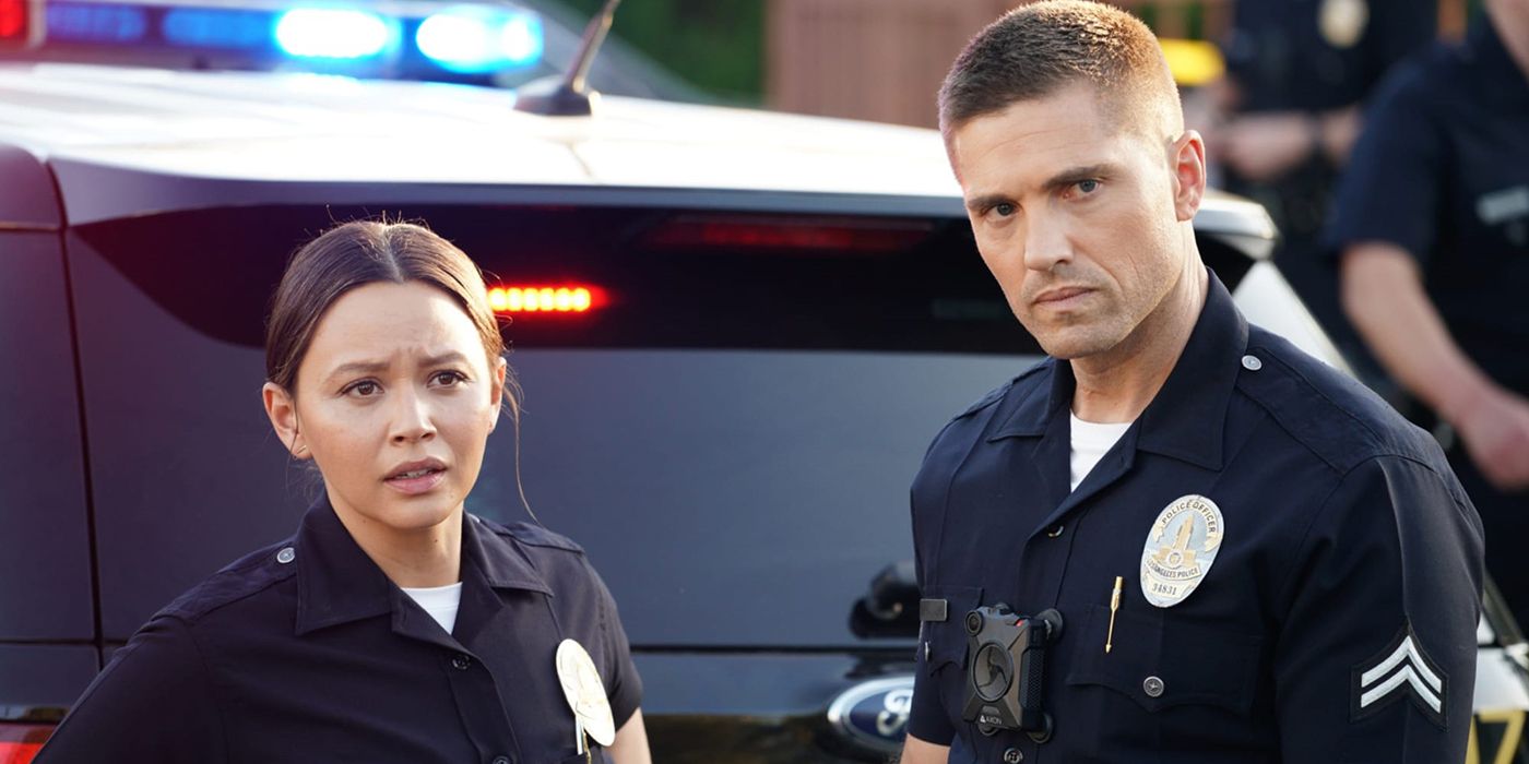 Melissa O'Neil as Lucy Chen and Eric Winter as Tim Bradford in The Rookie. 