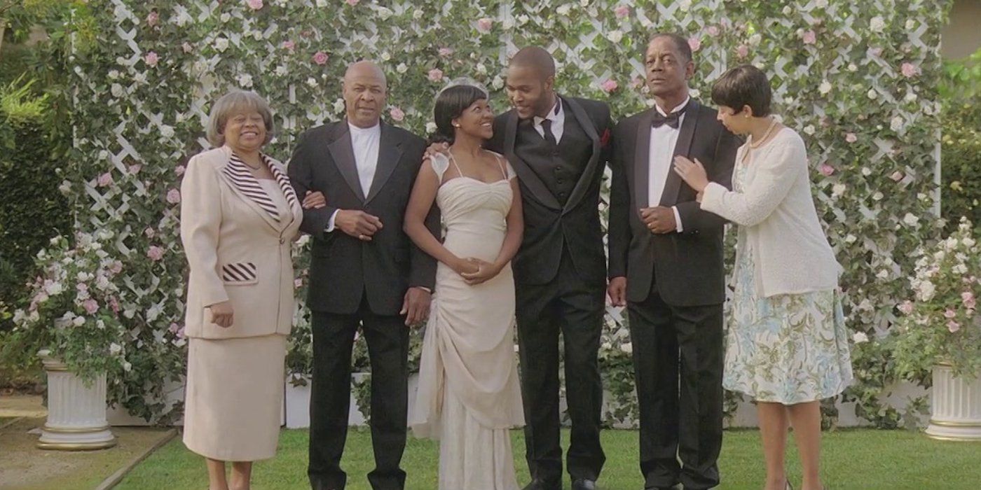 A family pose for wedding photos in The Strange Thing About the Johnsons