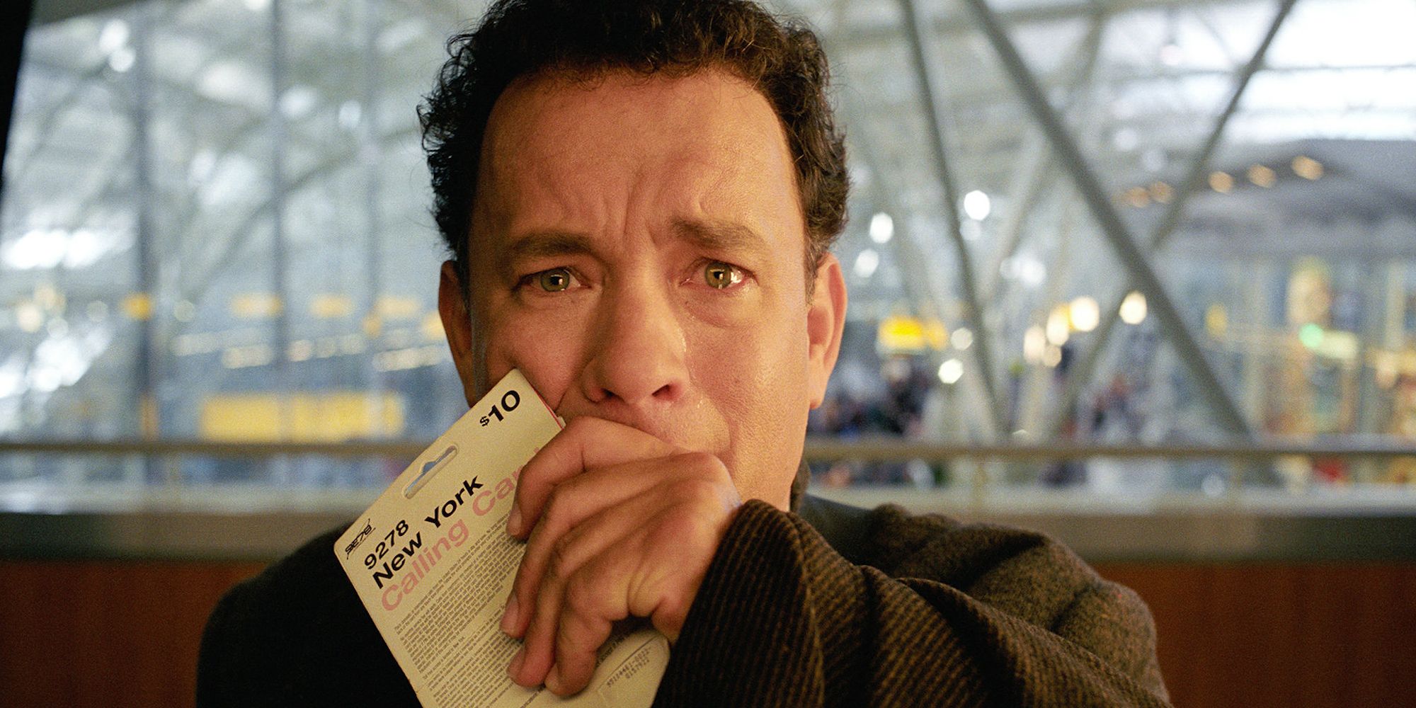 Tom Hanks' Viktor looking distraught in The Terminal