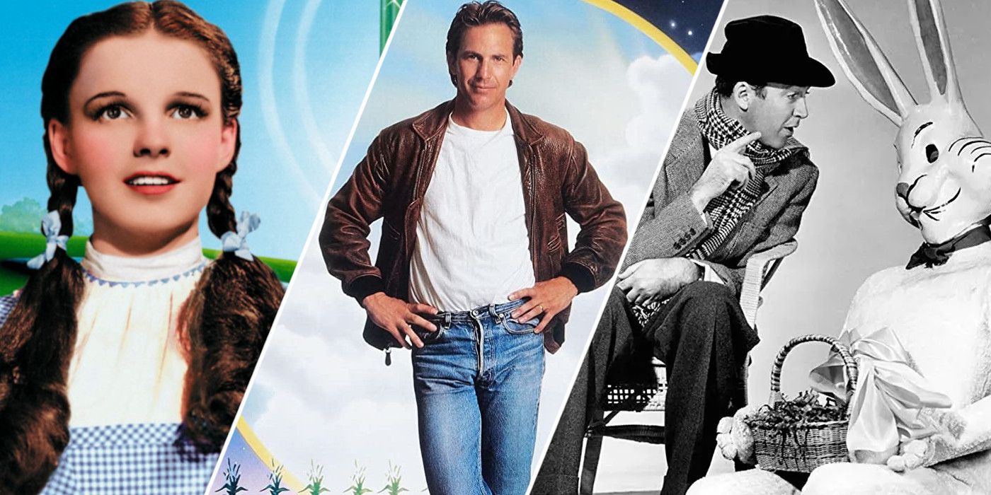 Split image showing characters from The Wizard of Oz, Field of Dreams, and Harvey