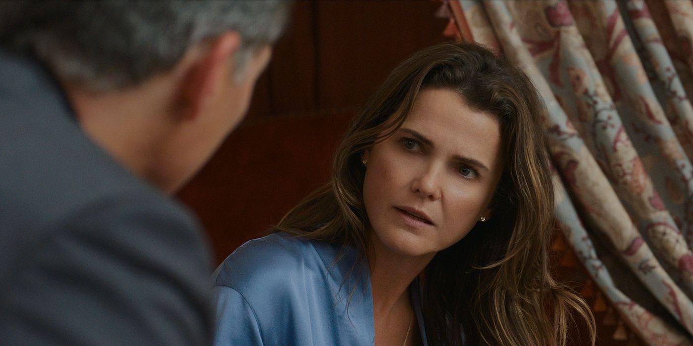 Keri Russell as Kate Wyler in a conversation with Rufus Sewell as Hal Wyler in The Diplomat. 