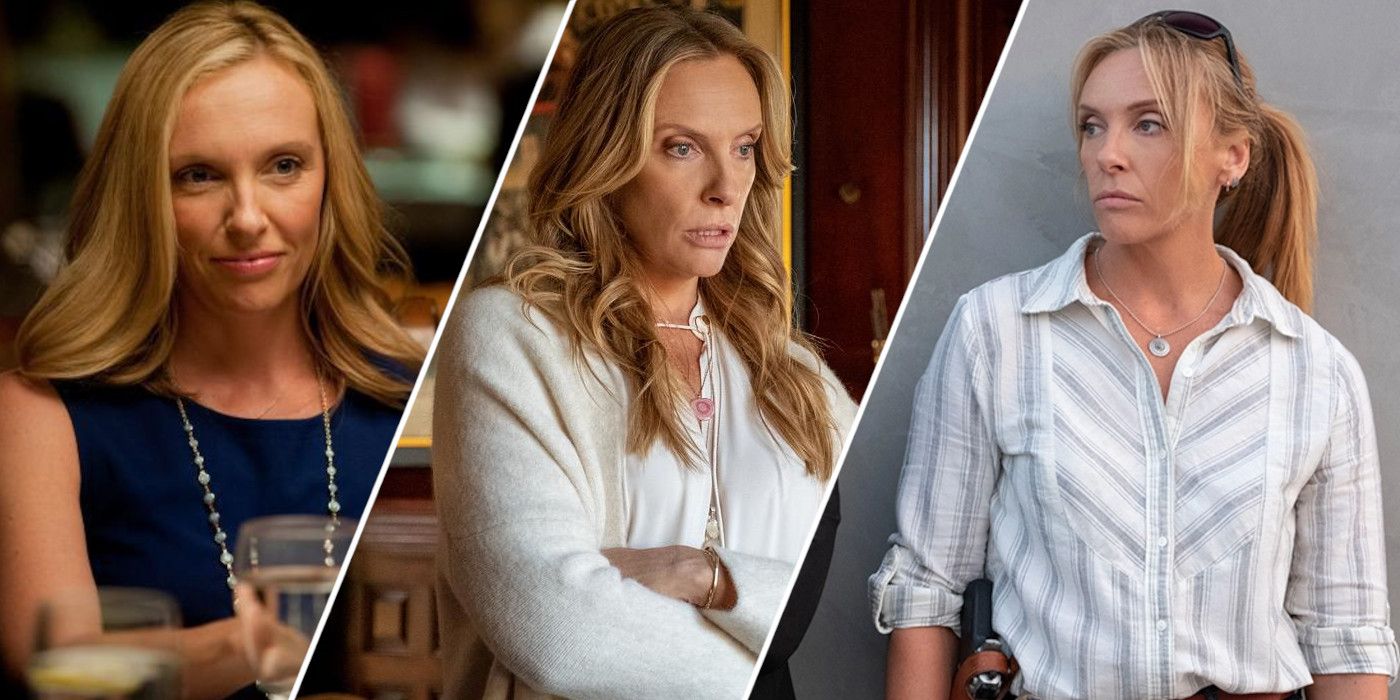 Split image showing Toni Collette in Enough Said, Knives Out, and Unbelievable