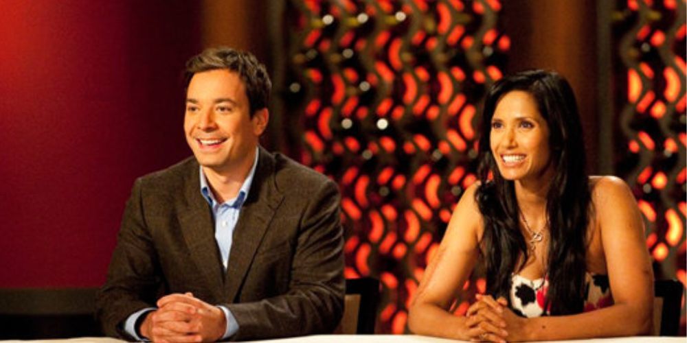 Tonight Show host Jimmy Fallon and Top Chef judge Padma Lakshmi at the judges' table