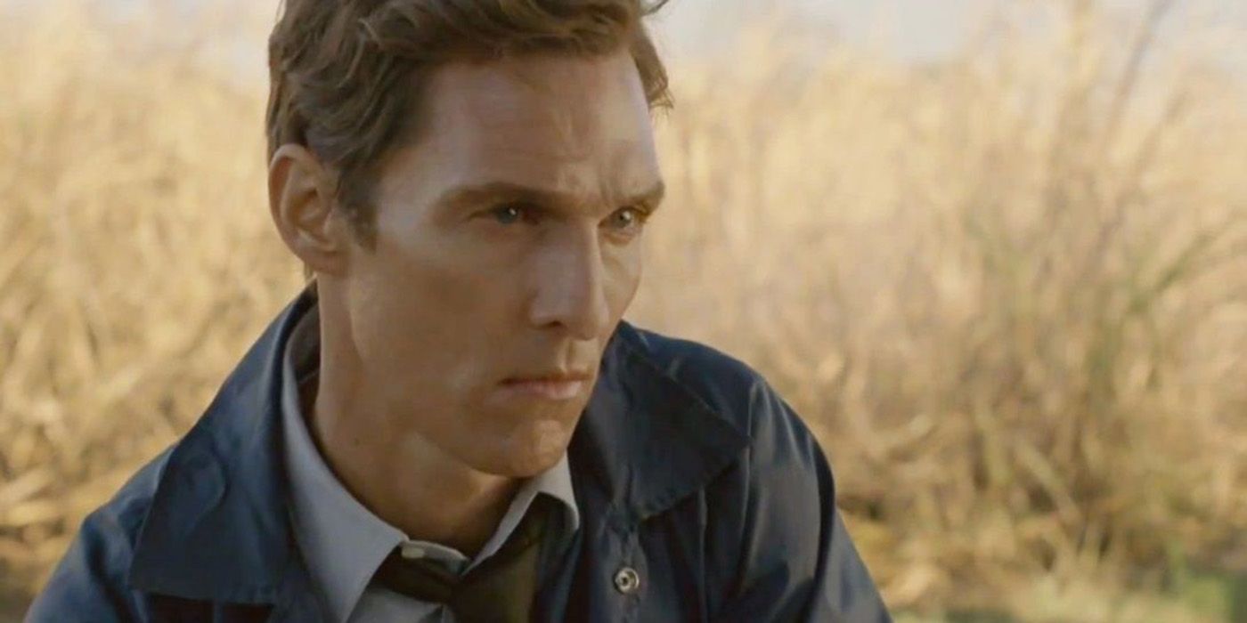Matthew McConaughey as Rustin Cohle looking intently in True Detective.
