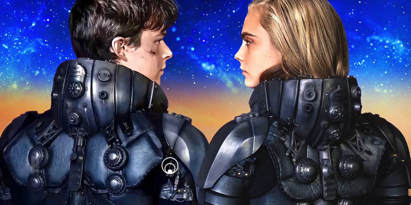 Dane DeHaan and Cara Delevingne from Valerian and a City of a Thousand Planets looking at each other against a starry background