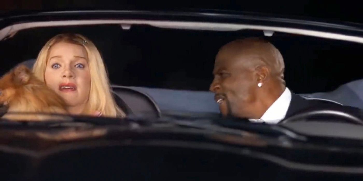 Terry Crews in the car looking at one of the main characters from White Chicks, who looks frightened.