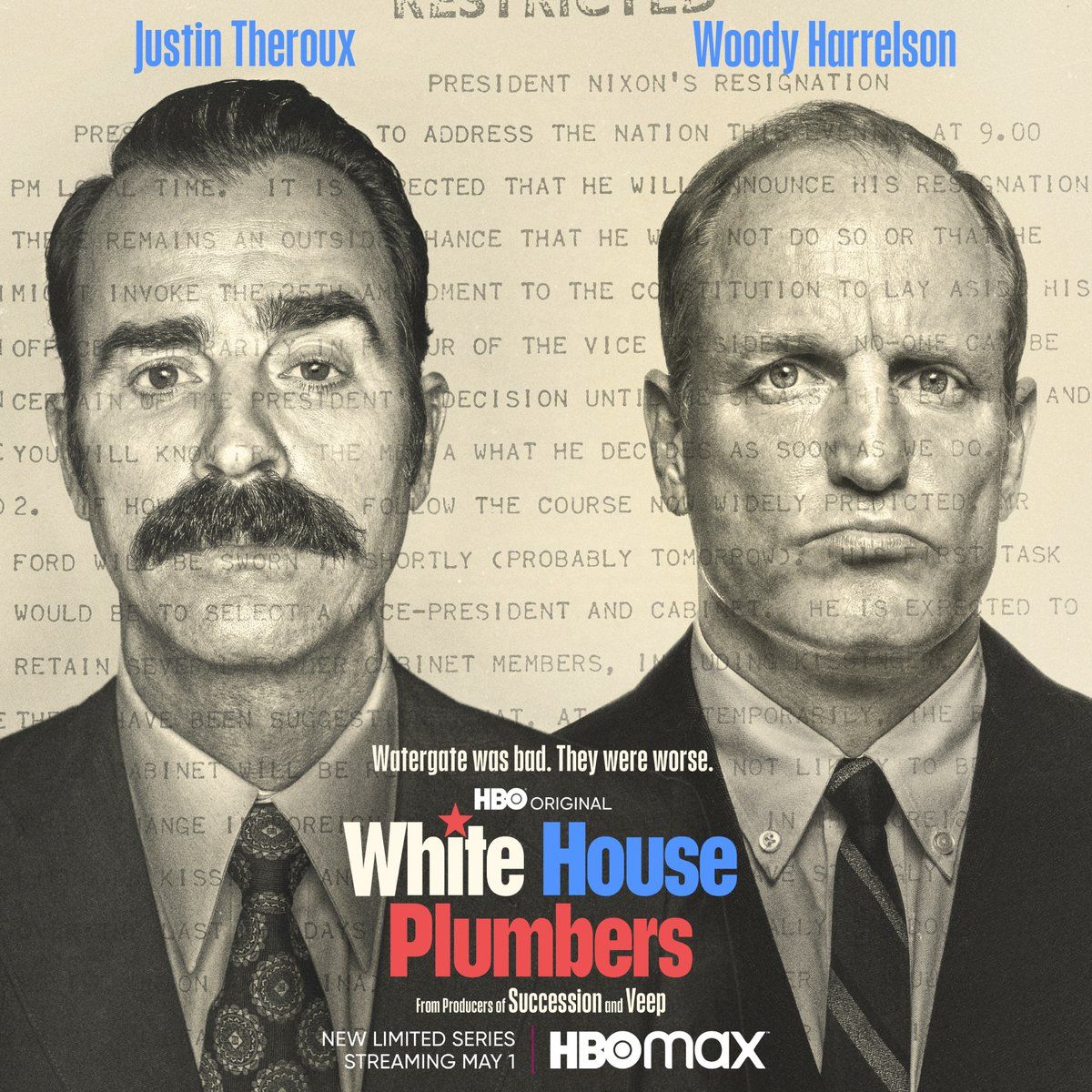 Woody Harrelson and Justen Theroux on the White House Plumbers Poster