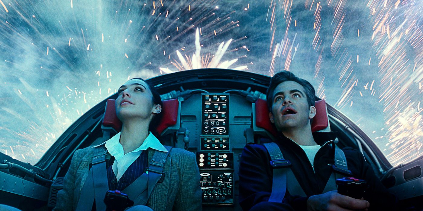 Wonder Woman and Steve Trevor in the invisible jet in Wonder Woman 1984