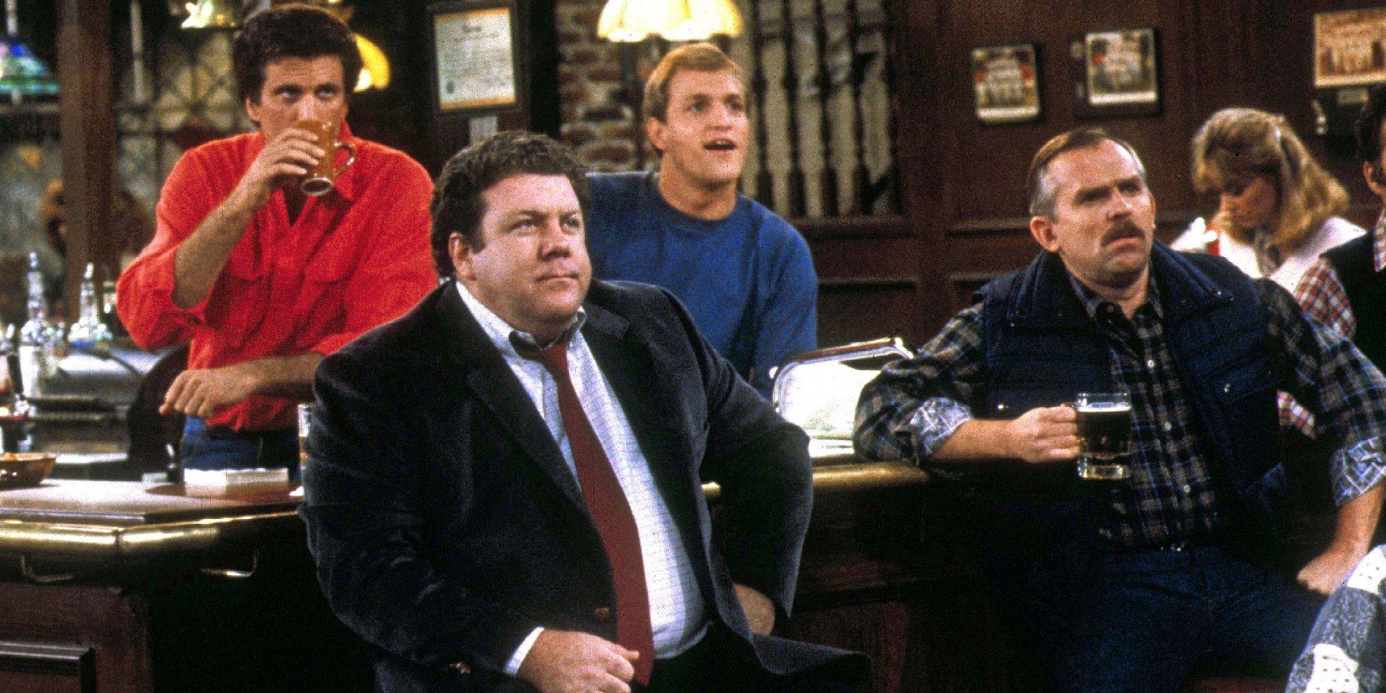 Woody Harrelson, Ted Danson, John Ratzenberger, and George Wendt in Cheers