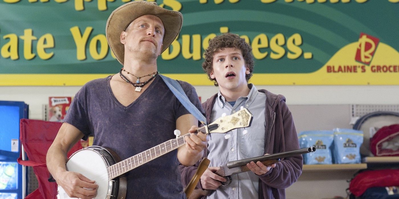 Thallahasse and Columbus holding a banjo and a guitar and looking ahead in Zombieland
