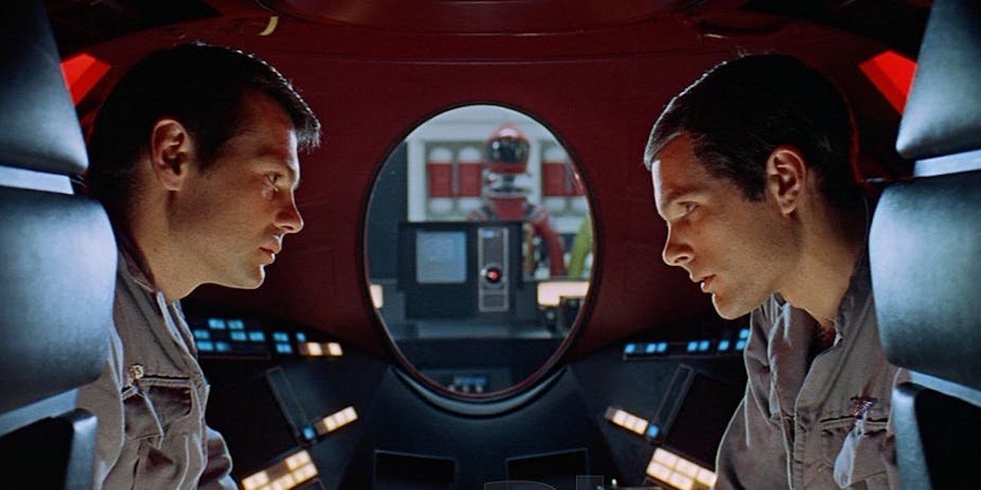 Astronauts Bowman (Keir Dullea) and Poole (Gary Lockwood) talk to one another in an escape pod, out of HAL's hearing range, in '2001: A Space Odyssey'