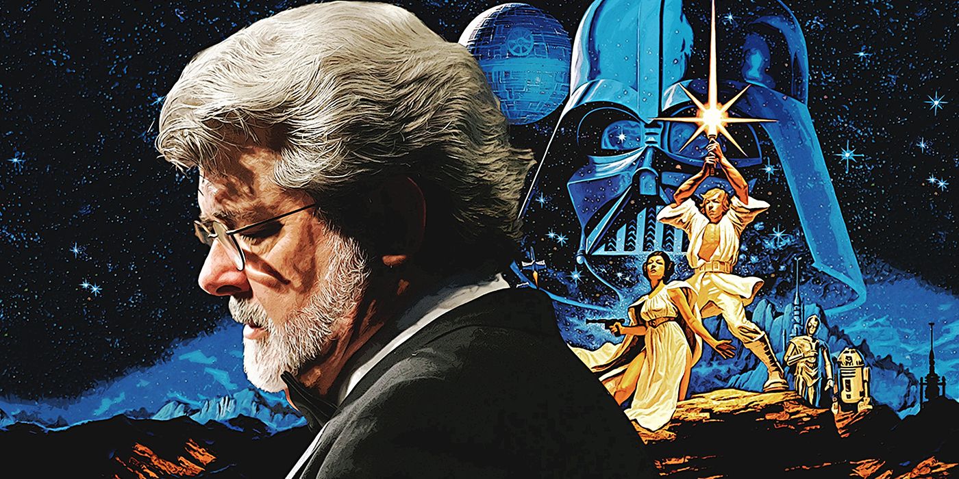 A custom image of George Lucas set against the background of A New Hope poster