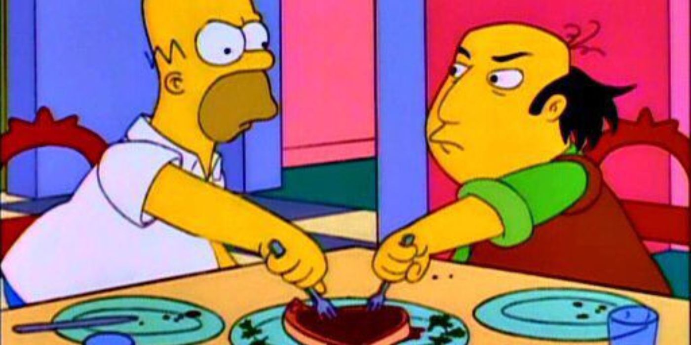 Homer and Jay Sherman fighting over the last piece of steak at the dinner table in The Simpsons Season 6 episode 'A Star Is Burns'