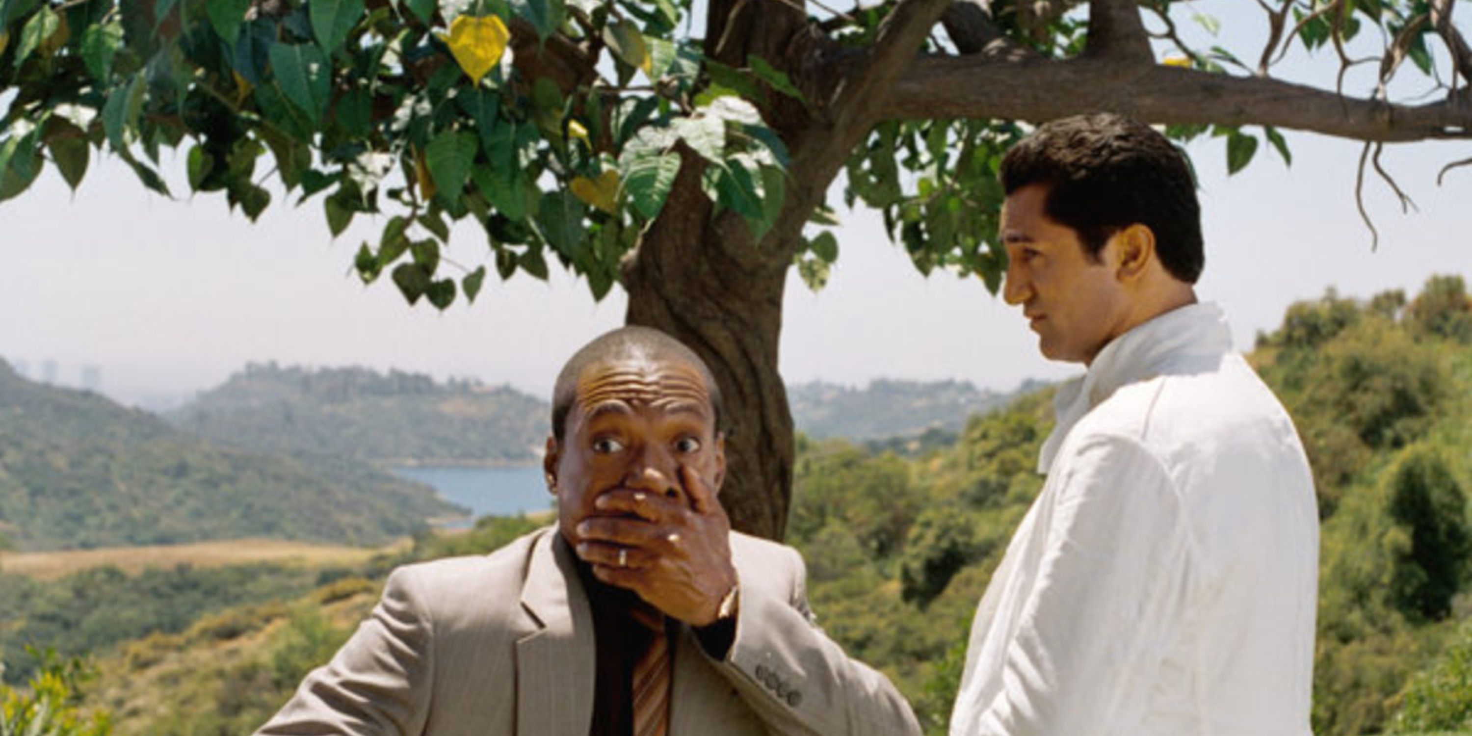 two men standing infront of a tree: the man in the center is shocked, covering his mouth, while the other looks on.