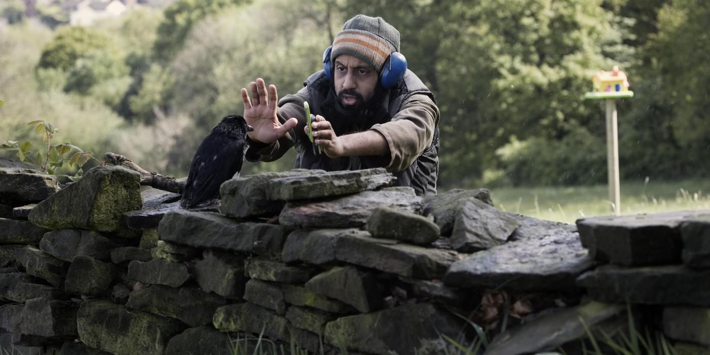 Faisal, played by Adeel Akhtar, tries to teach a bird to deliver a suicide bomb in the movie Four Lions