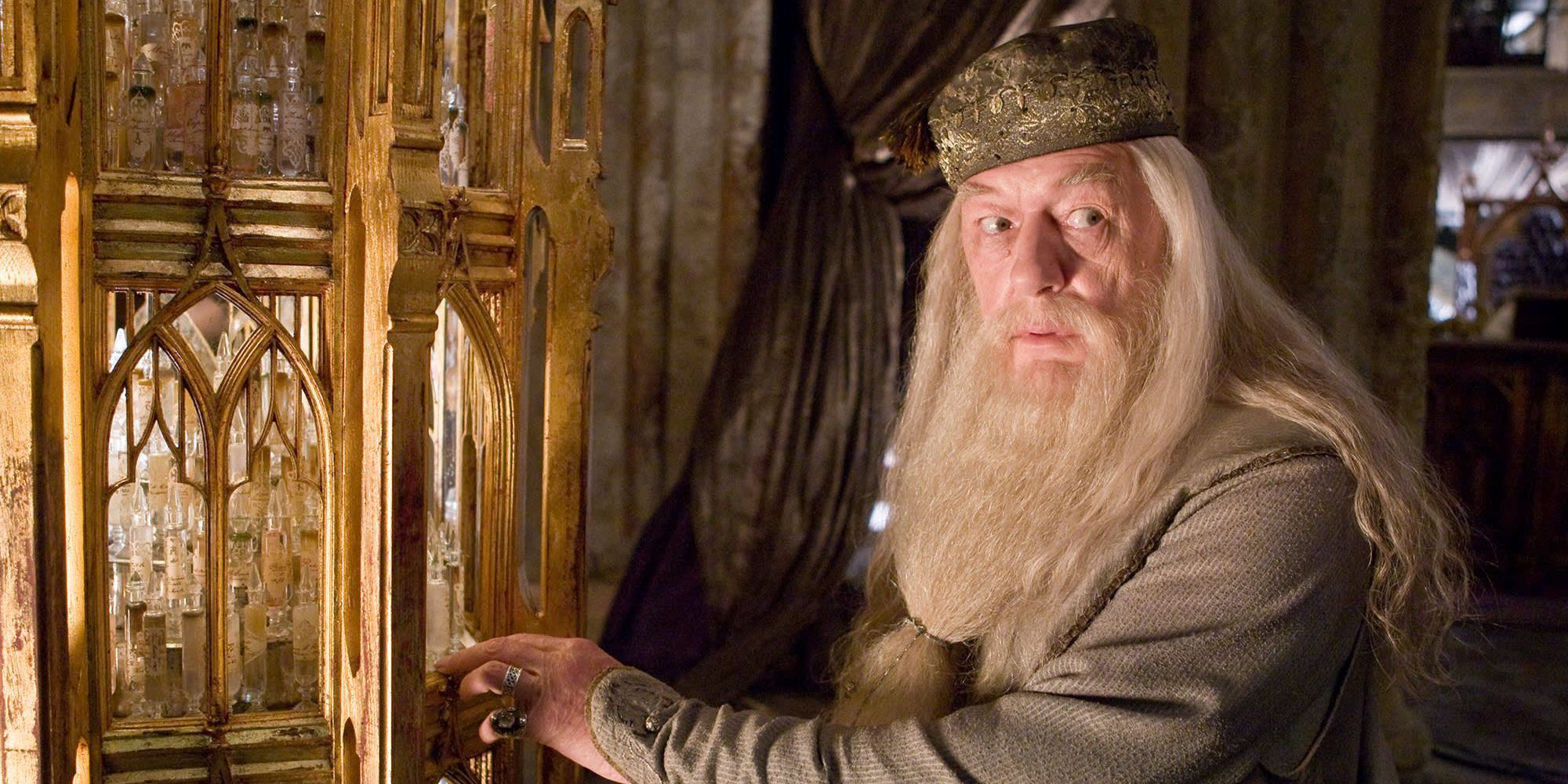 Albus Dumbledore  looking back at someone off-camera in Harry Potter