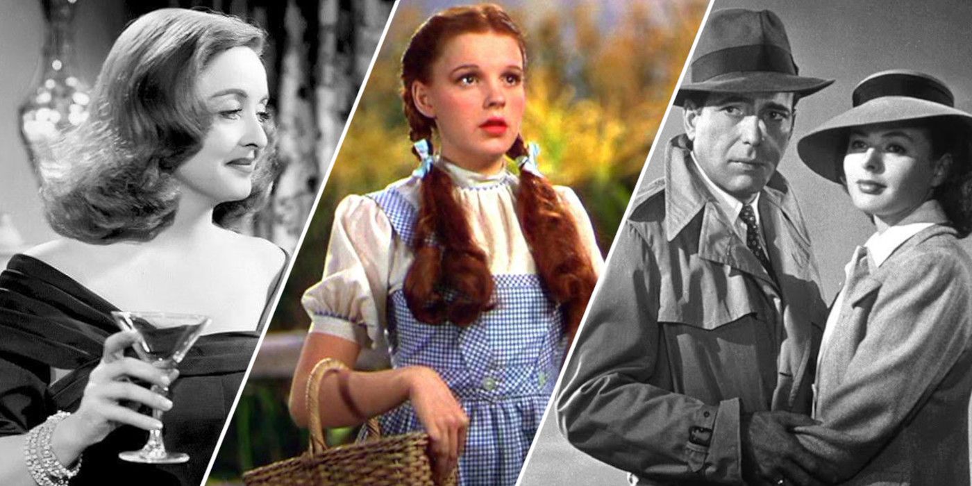 Split image showing characters from All About Eve, The Wizard of Oz, and Casablanca