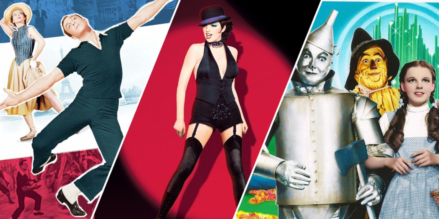 Aplit image showing characters from An American in Paris, Cabaret, and The Wizard of Oz