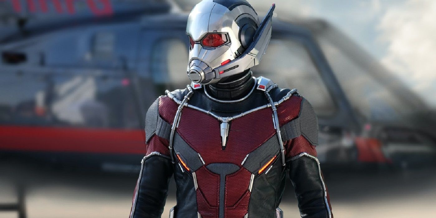 Paul Rudd as Ant-Man in Avengers: Civil War standing in front of a helicopter