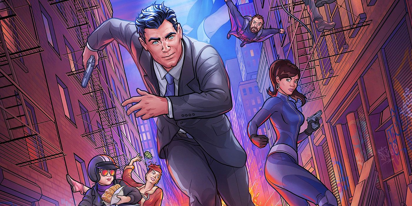Archer, Lana, Pam, and Cheryl running down an alley way on the Archer poster
