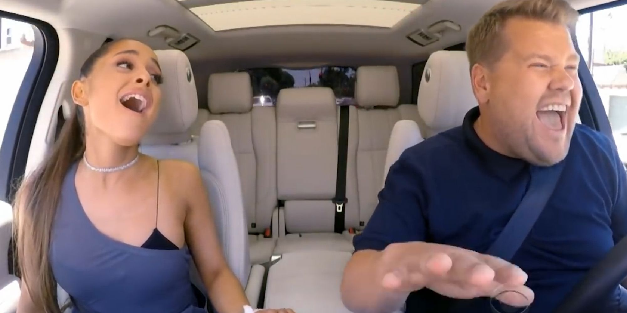 Ariana Grande and James Corden singing in the Carpool Karaoke