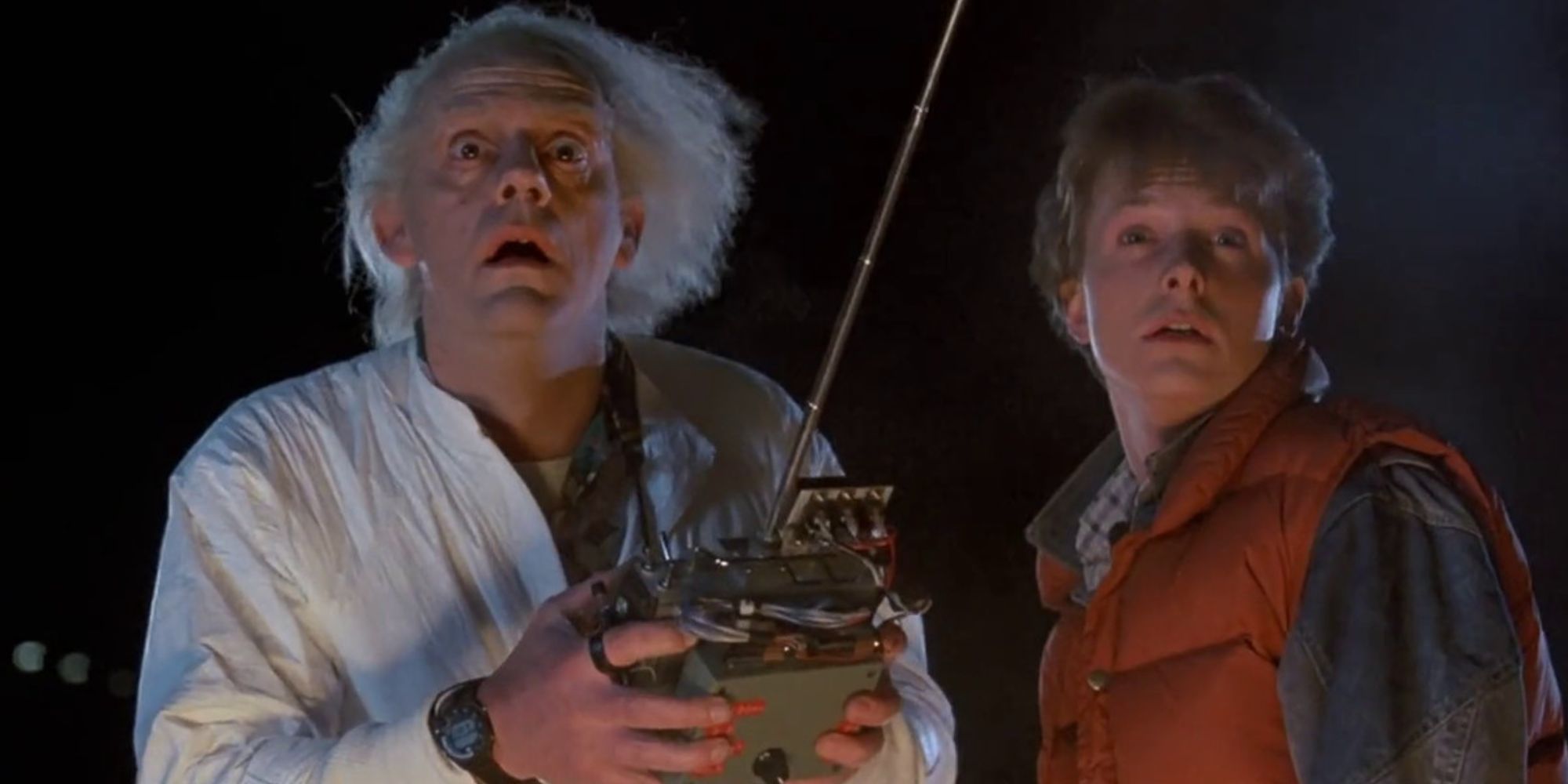 Doc Brown and Marty McFly with shocked expressions in 'Back to the Future'