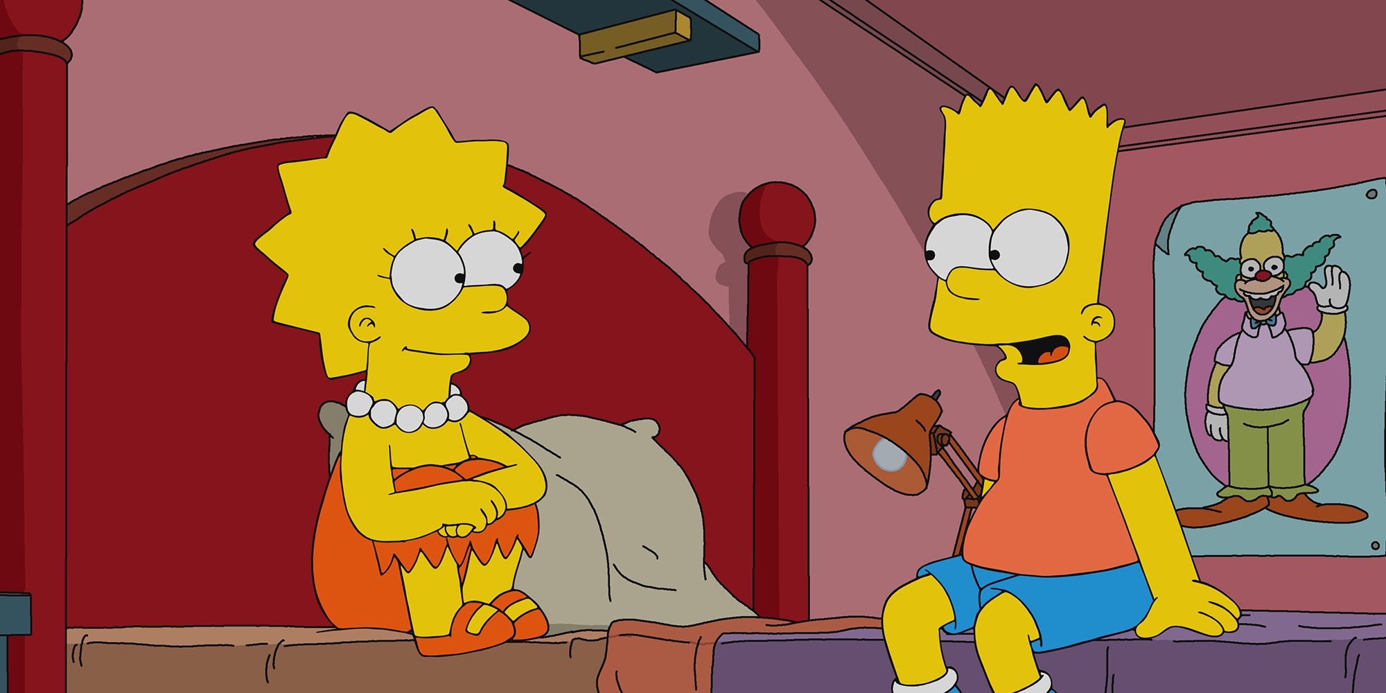 Bart and Lisa Simpson talking while sitting on a bed in The Simpsons