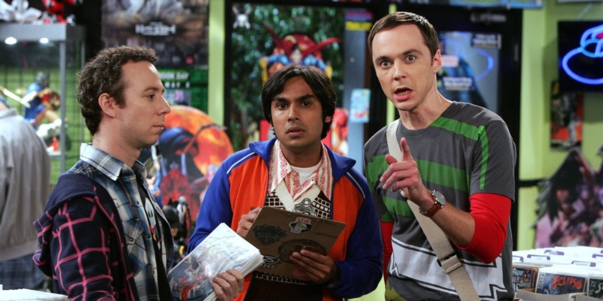 Stuart, Raj, and Sheldon in the comic book store in 'The Big Bang Theory'