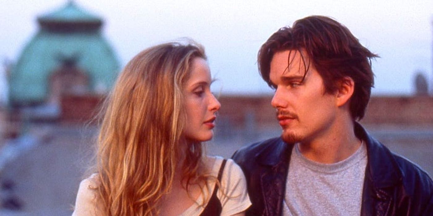Ethan Hawke and Julie Delpy looking into each other's eyes and falling in love in 'Before Sunrise' (1995)