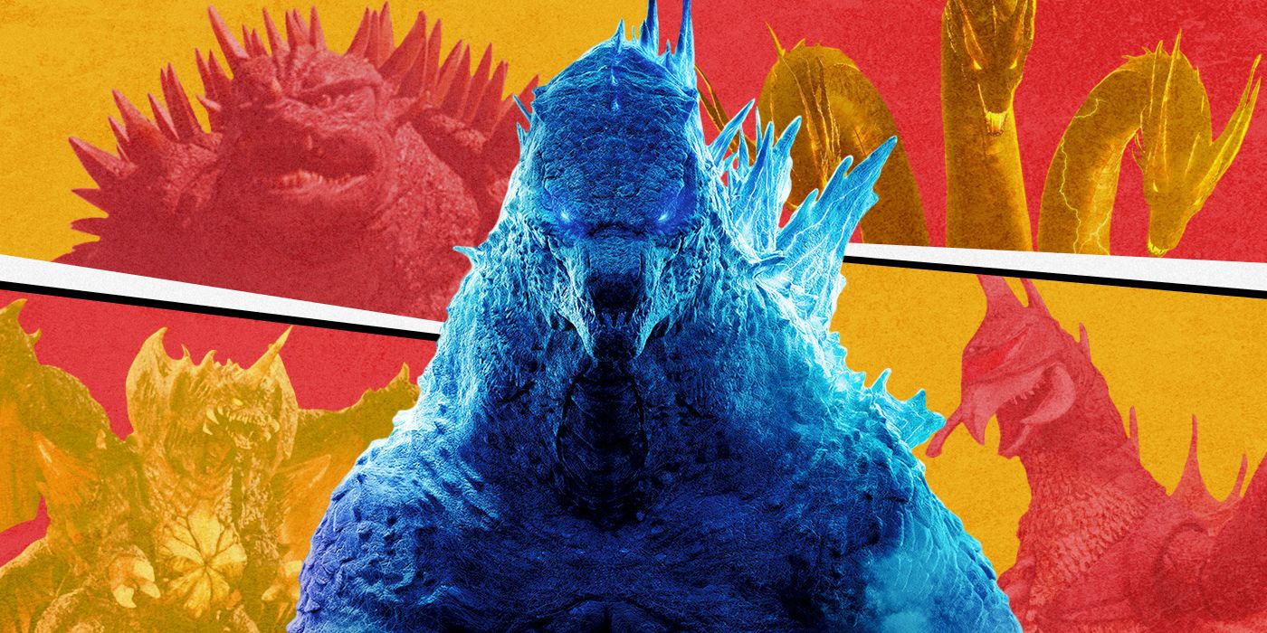 custom image of Godzilla against a collage of notable franchise monsters in red and yellow hues