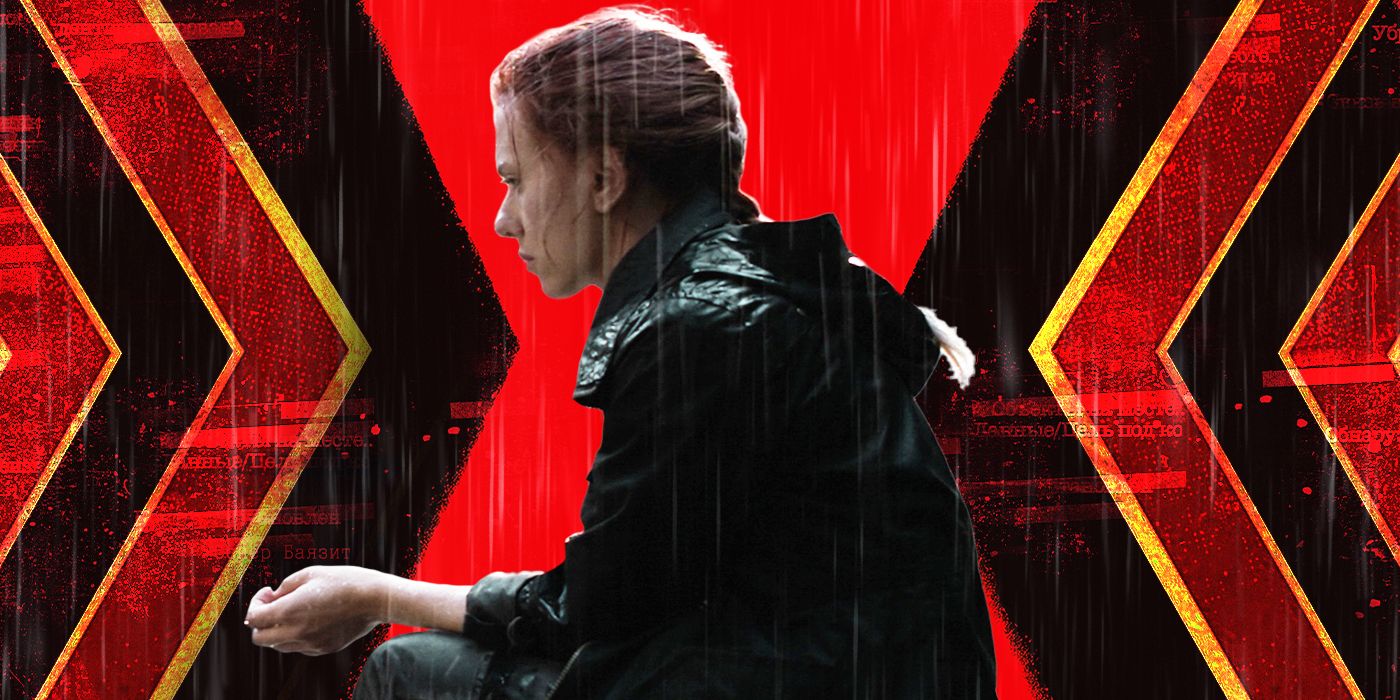 Scarlett Johansson as Black Widow with a stylized black widow hourglass background