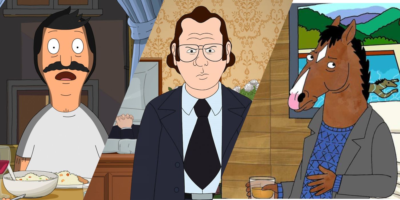 A surprised Bob Belcher at dinner table; an angry Frank Murphy; and BoJack with a glass of alcohol