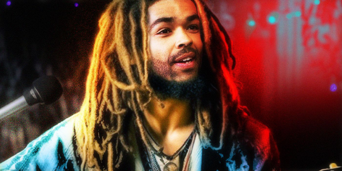 Custom image of Kinglsey Ben-Adir as Bob Marley performing on a stage in Bob Marley: One Love