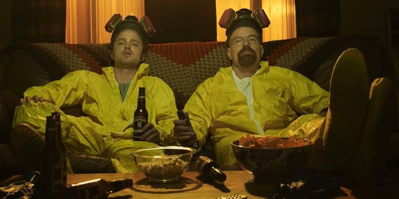 Bryan Cranston as Walter White and Aaron as Jesse Pinkman wearing hazmat suits in Breaking Bad