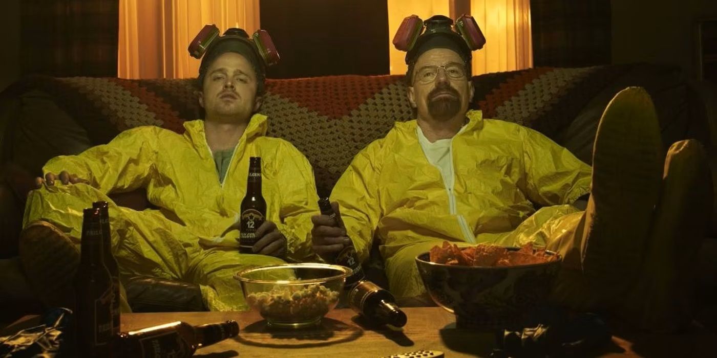 Bryan Cranston as Walter White and Aaron Paul as Jesse Pinkman wearing hazmat suits in Breaking Bad